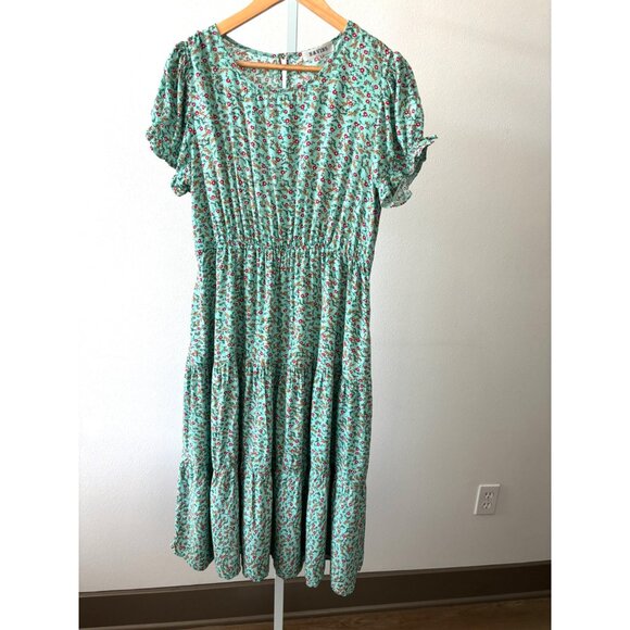 Floral Dress L Tiered Pockets Midi Puff Sleeve Cottagecore Casual Boho Fairycore - Picture 2 of 10